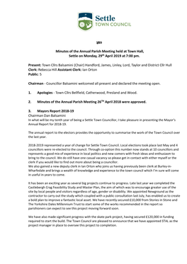 Minutes of the Annual Parish Meeting Held at Town Hall, Settle on Monday, 29Th April 2019 at 7:00 Pm