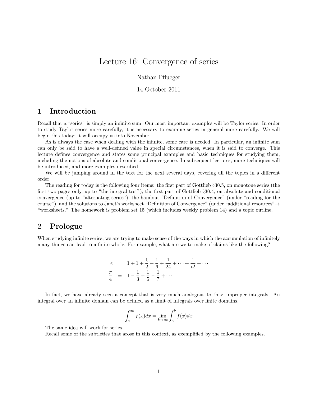 Lecture 16: Convergence of Series