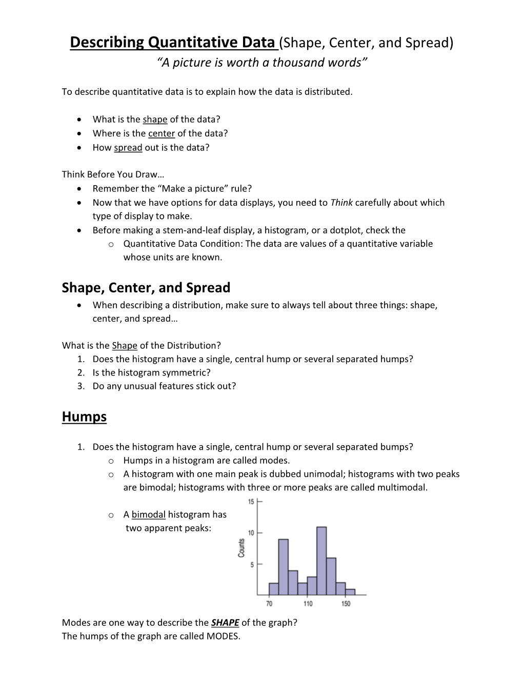 Describing Quantitative Data Shape Center And Spread A Picture Is Worth A Thousand Words 