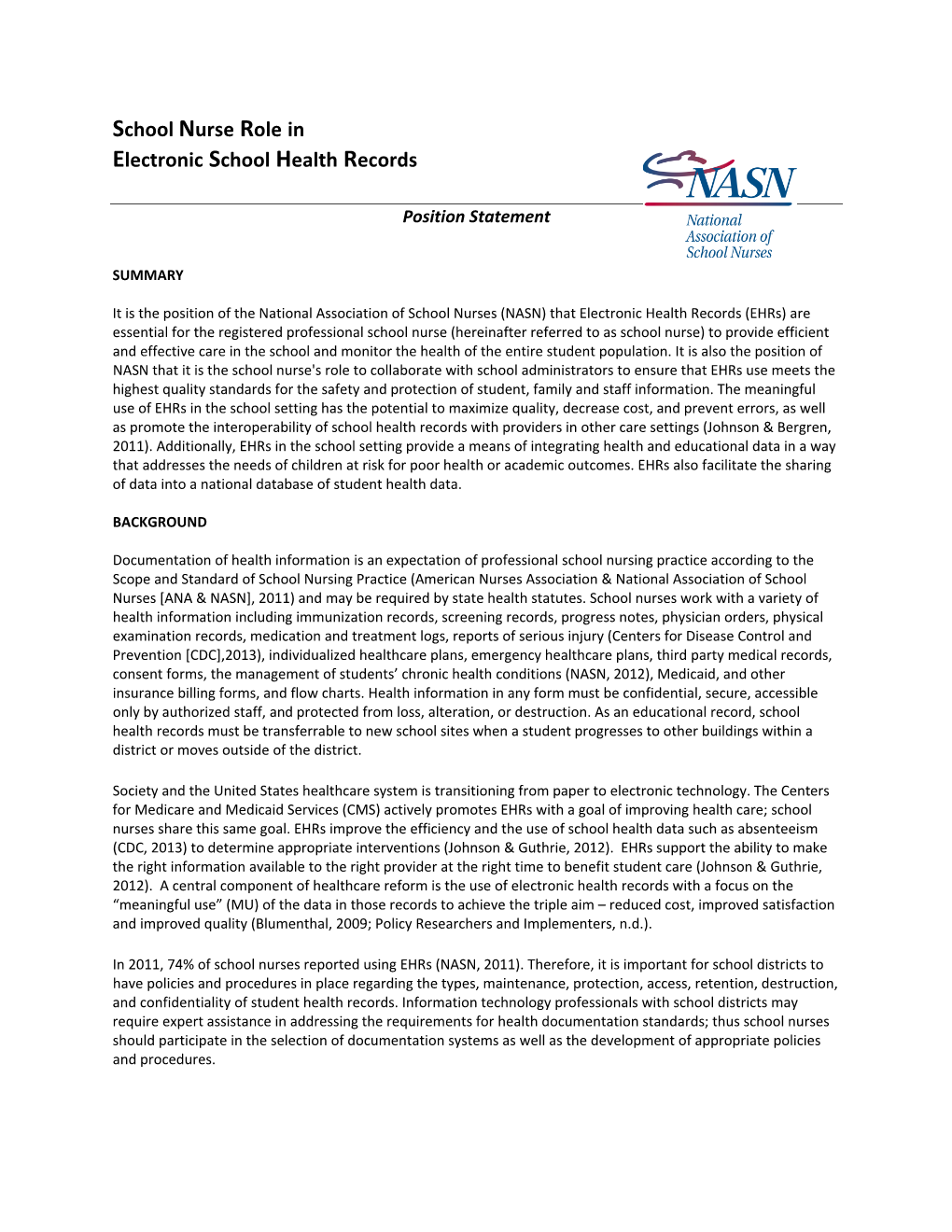 School Nurse Role in Electronic School Health Records