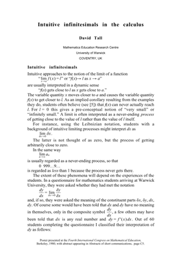 Intuitive Infinitesimals in the Calculus