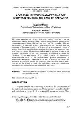 Accessibility Versus Advertising for Mountain Tourism: the Case of Nafpaktia