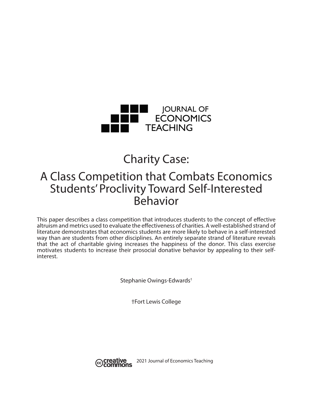 Charity Case: a Class Competition That Combats Economics Students’ Proclivity Toward Self-Interested Behavior