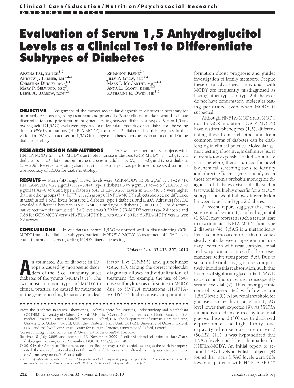 Evaluation of Serum 1,5 Anhydroglucitol Levels As a Clinical Test to Differentiate Subtypes of Diabetes