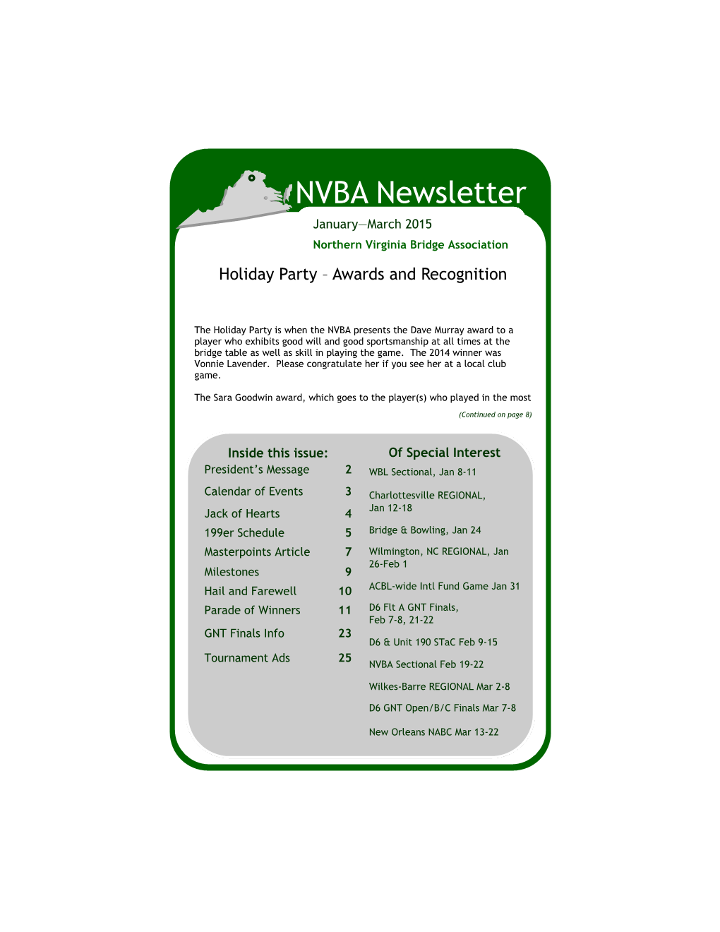 NVBA Newsletter Januarynovember—March 2015—December 2003 Northern Virginia Bridge Association Holiday Party – Awards and Recognition