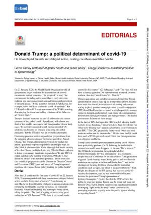 Donald Trump: a Political Determinant of Covid-19 He Downplayed the Risk and Delayed Action, Costing Countless Avertable Deaths