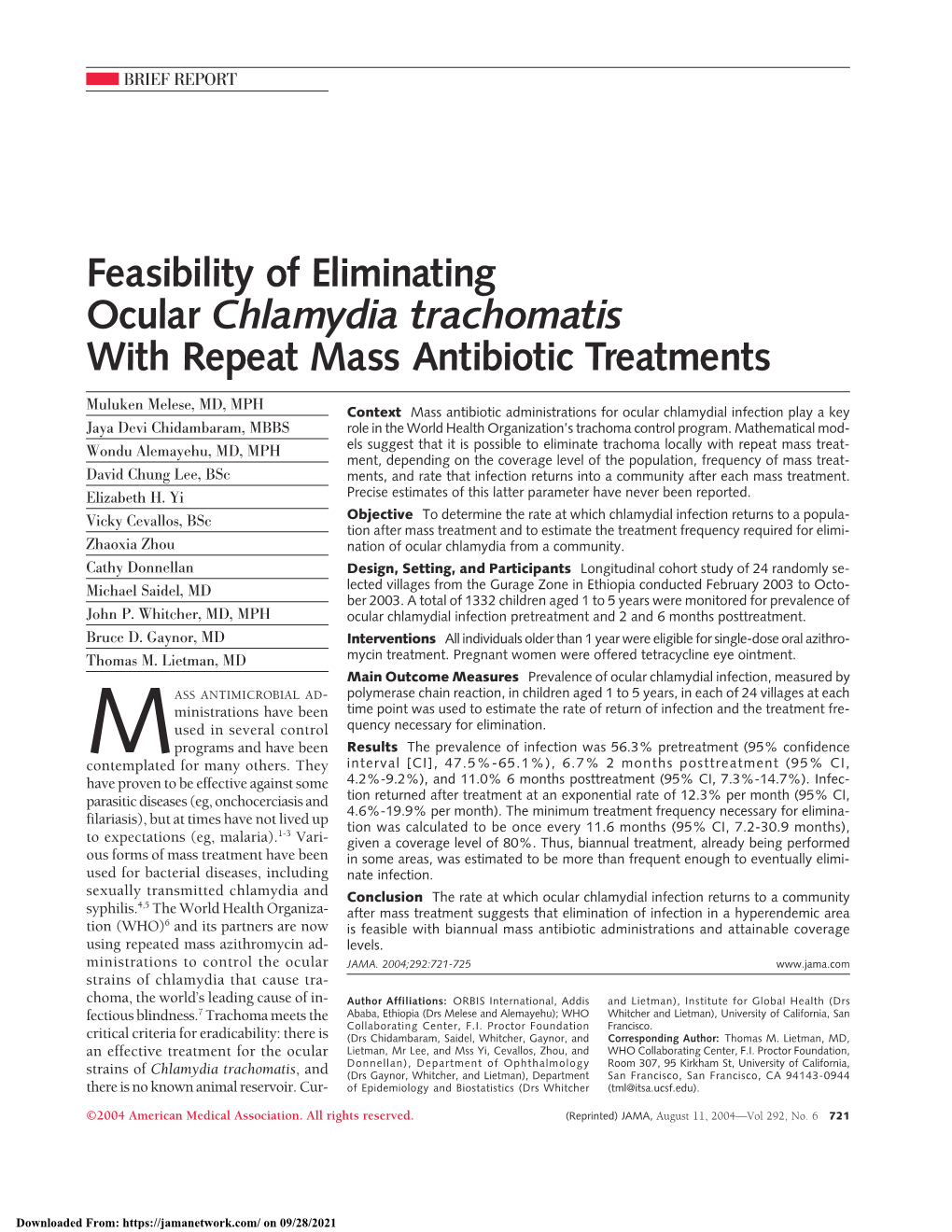 Feasibility of Eliminating Ocular Chlamydia Trachomatis with Repeat Mass Antibiotic Treatments