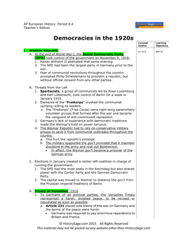 Democracies in the 1920S Concept Learning Outline Objectives