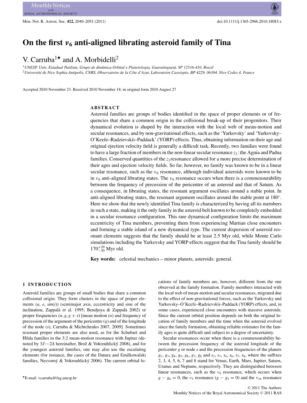 On the First 6 Antialigned Librating Asteroid Family of Tina