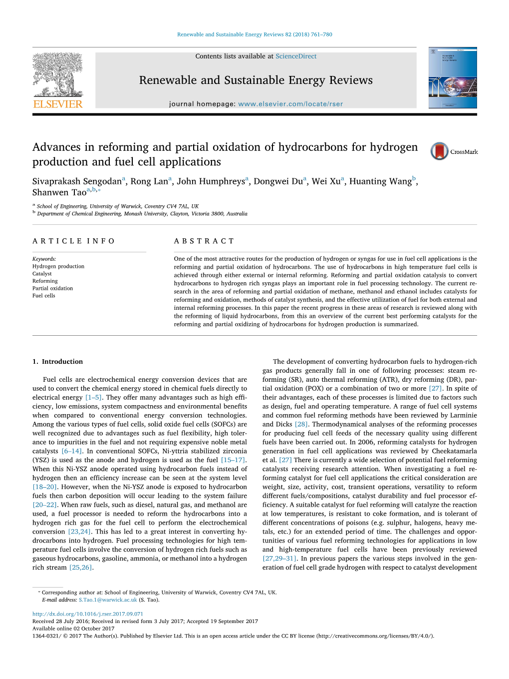 Advances in Reforming and Partial Oxidation of Hydrocarbons for Hydrogen MARK Production and Fuel Cell Applications