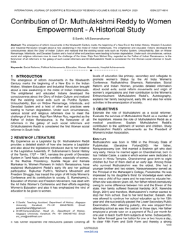 Contribution of Dr. Muthulakshmi Reddy to Women Empowerment - a Historical Study