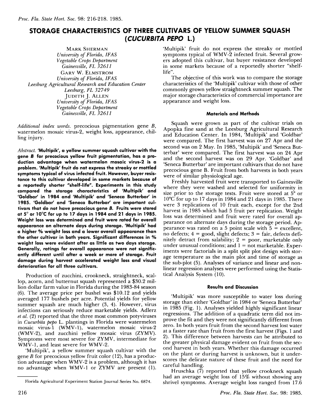 Storage Characteristics of Three Cultivars of Yellow