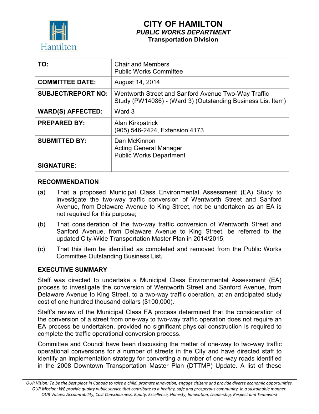 Wentworth Street and Sanford Avenue Two Way Traffic Study (PW14