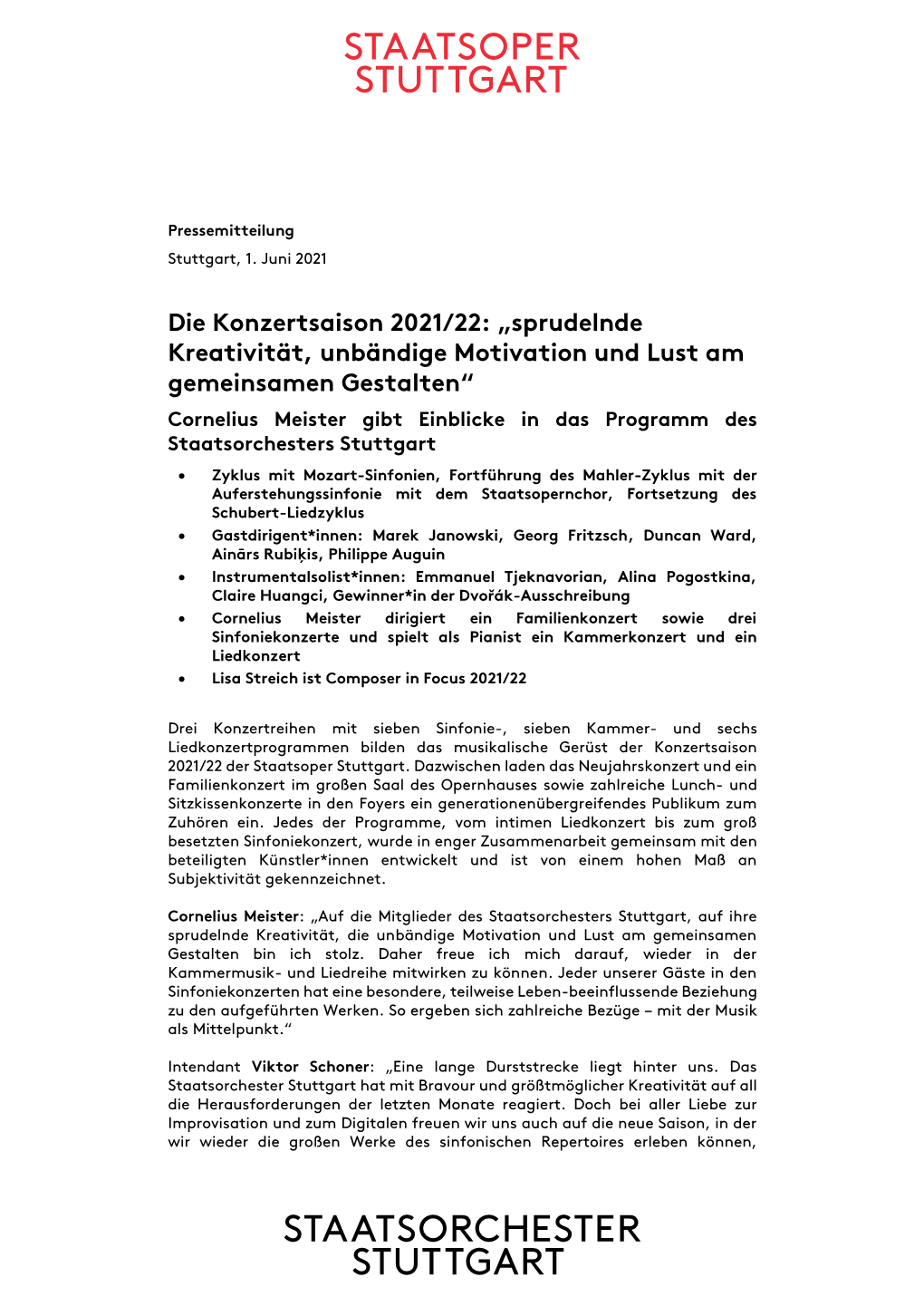 Die Konzertsaison 2021/22: „Sprudelnde Kreativität, Unbändige Motivation Und Lust Am Gemeinsamen Gestalten“