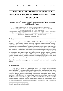 Spectroscopic Study of an Armenian Manuscript from Biblioteca Universitaria Di Bologna