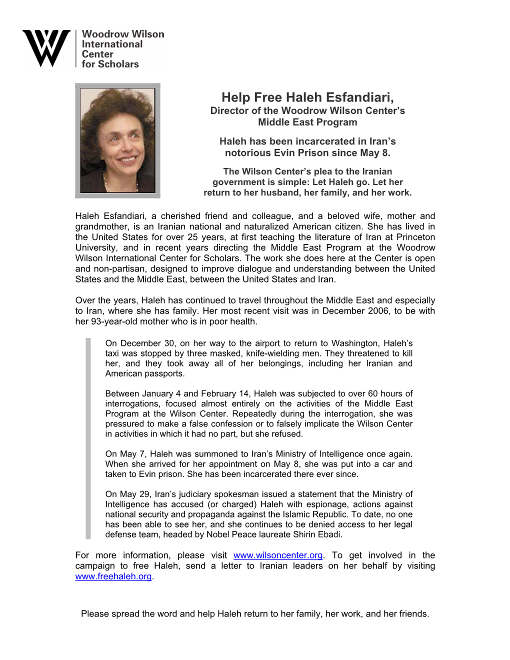 Help Free Haleh Esfandiari, Director of the Woodrow Wilson Center’S Middle East Program