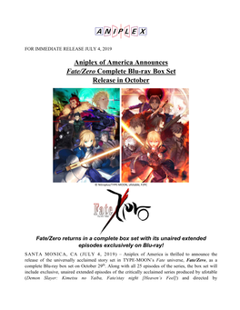 Aniplex of America Announces Fate/Zero Complete Blu-Ray Box Set Release in October