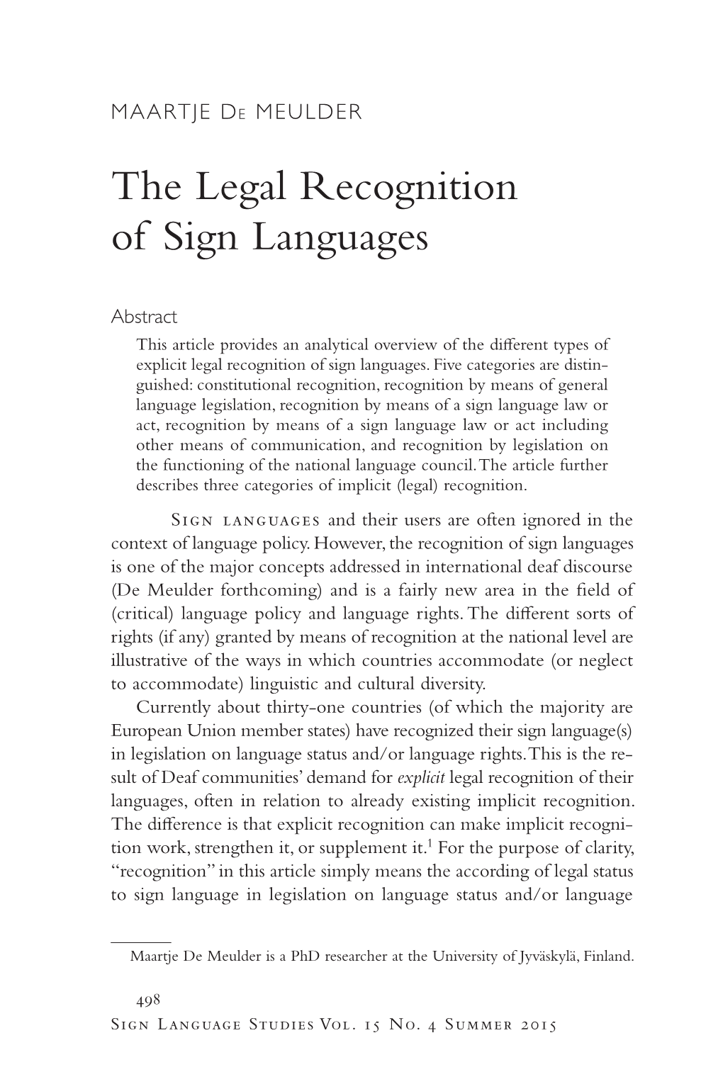 The Legal Recognition of Sign Languages