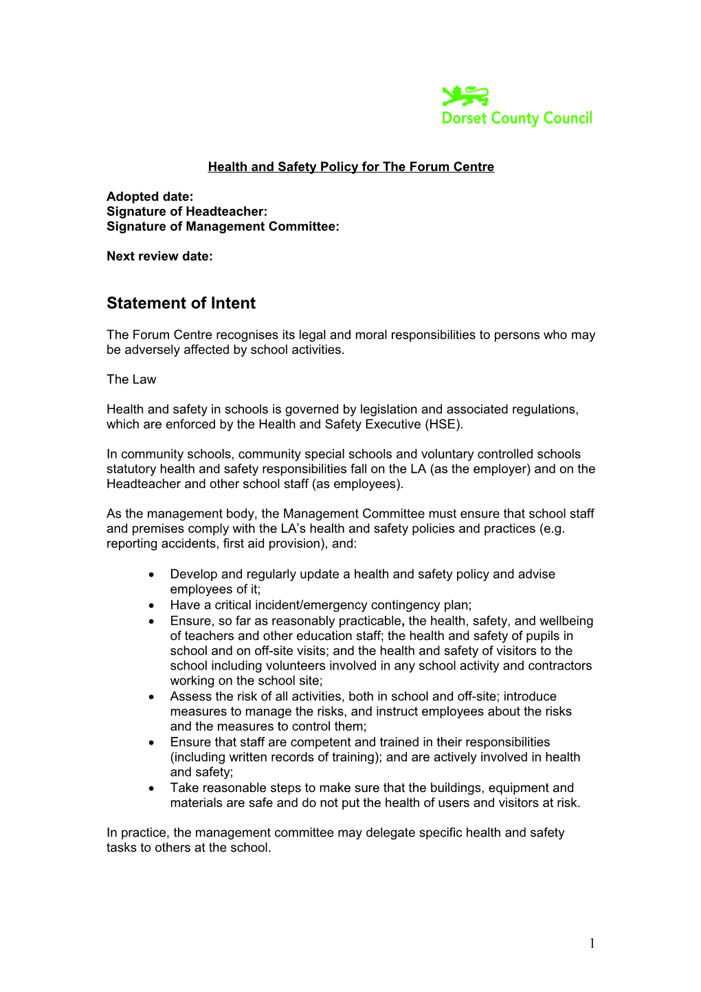 Health and Safety Policy for the Forum Centre