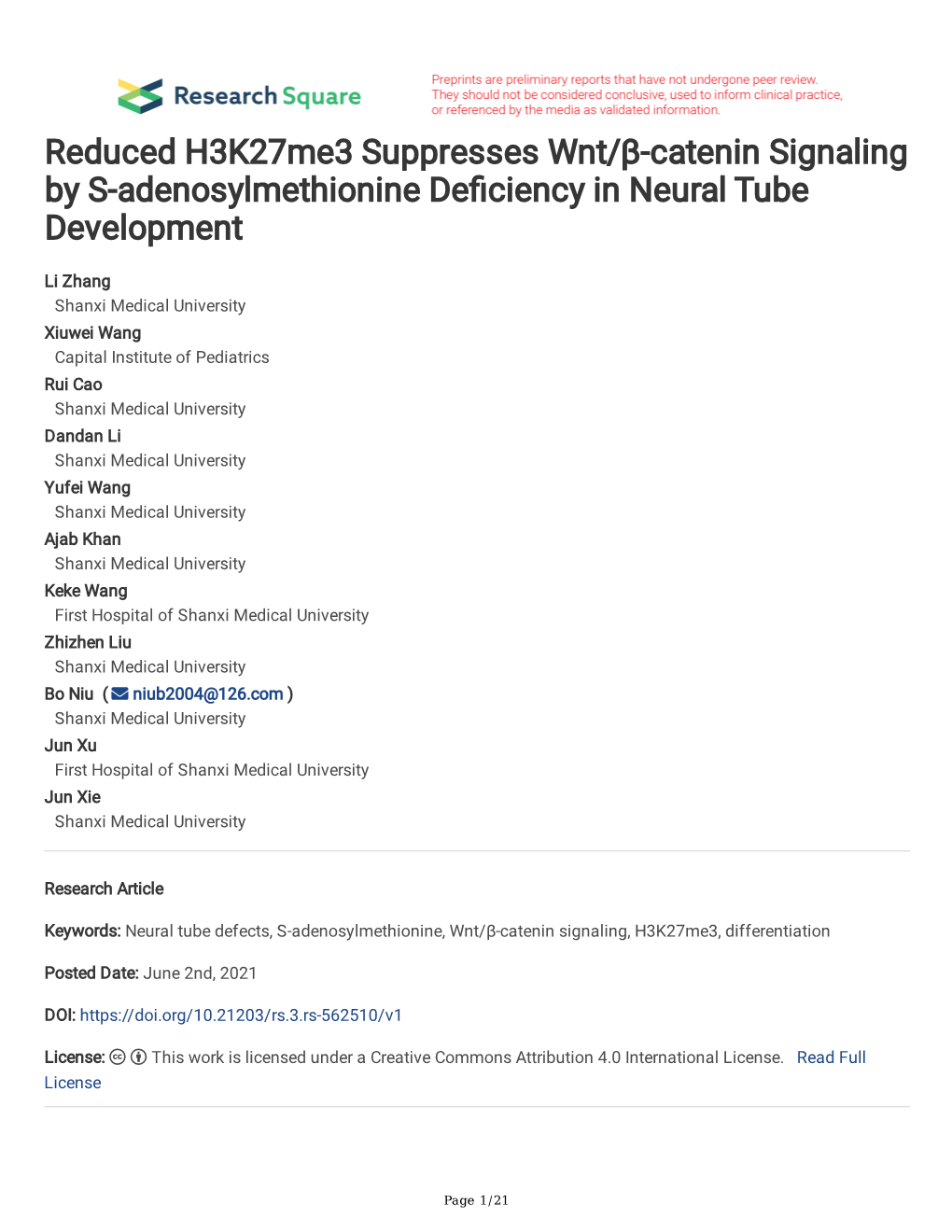 Reduced H3k27me3 Suppresses Wnt/Β-Catenin Signaling by S-Adenosylmethionine De Ciency in Neural Tube Development