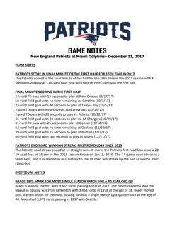 GAME NOTES New England Patriots at Miami Dolphins– December 11, 2017