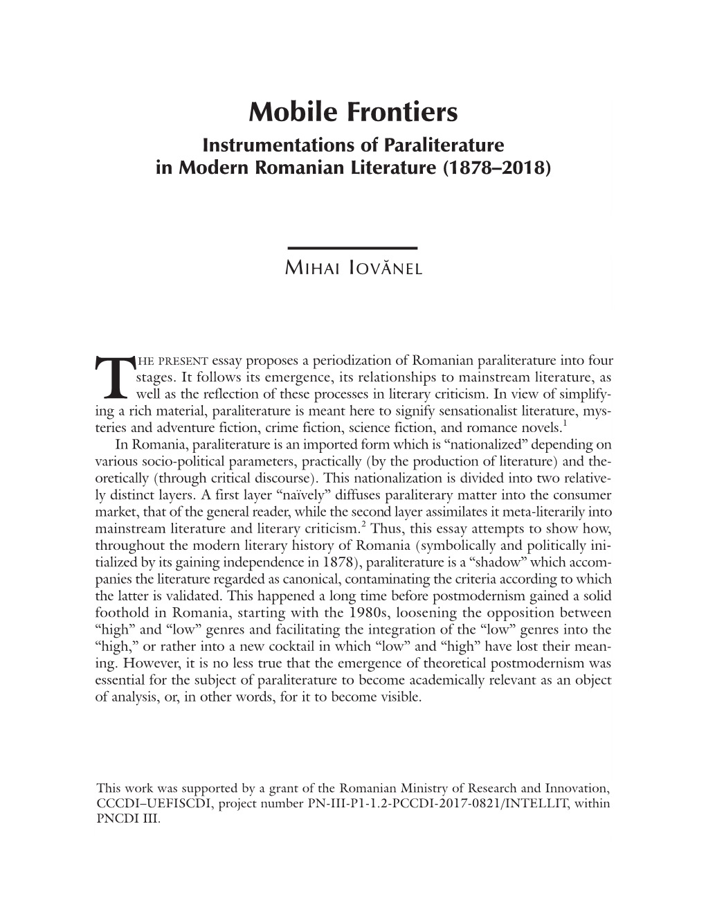 Mobile Frontiers Instrumentations of Paraliterature in Modern Romanian Literature (1878–2018)