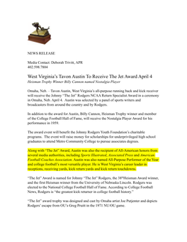 West Virginia's Tavon Austin to Receive the Jet Award April 4