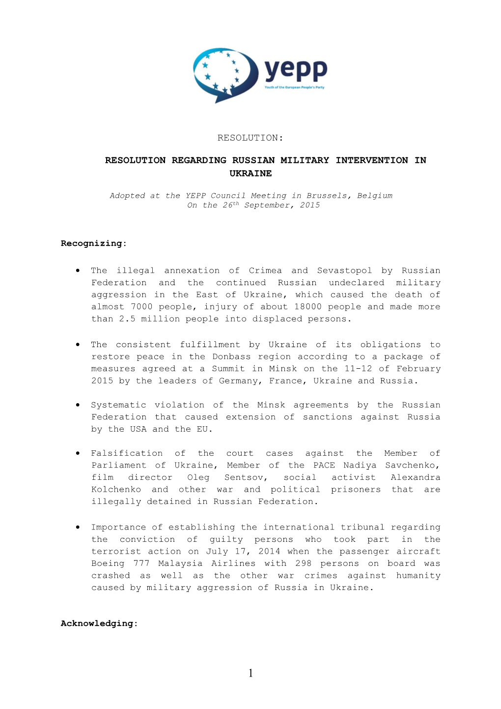 Resolution Regarding Russian Military Intervention in Ukraine