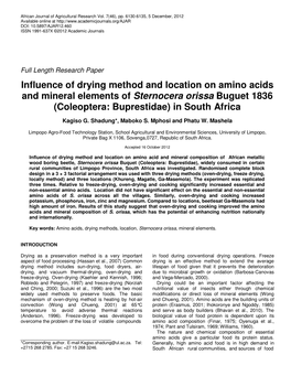 Influence of Drying Method and Location on Amino Acids and Mineral Elements of Sternocera Orissa Buguet 1836 (Coleoptera: Buprestidae) in South Africa