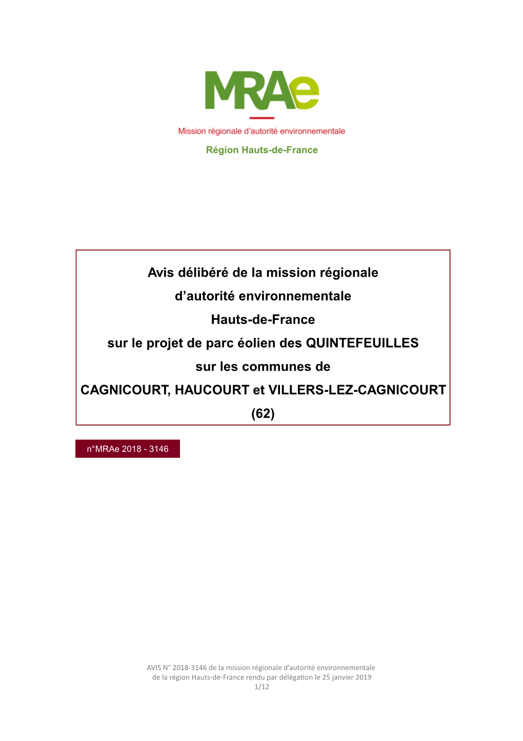 Avis Délibéré De La Mission Régionale D'autorité Environnementale Hauts