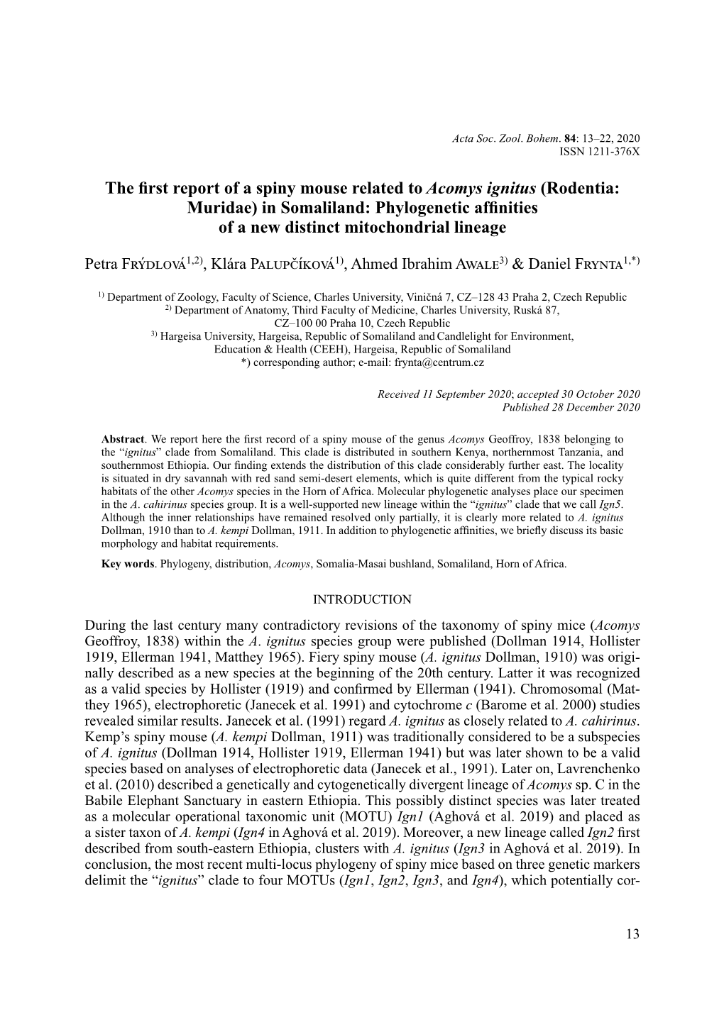 The First Report of a Spiny Mouse Related to Acomys Ignitus (Rodentia: Muridae) in Somaliland: Phylogenetic Affinities of a New Distinct Mitochondrial Lineage