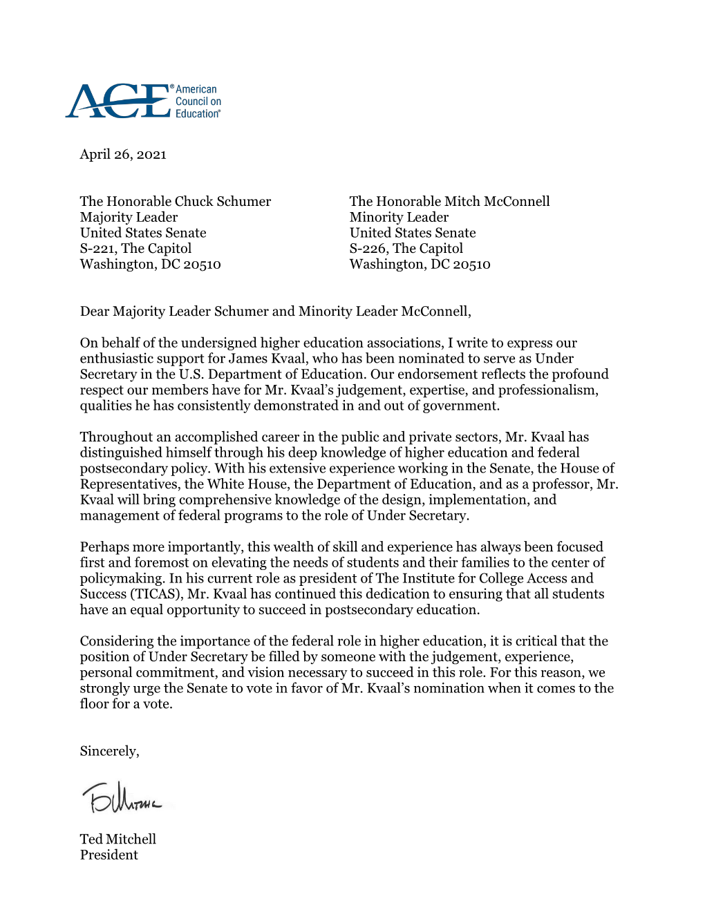 Letter to Senate Leadership in Support of the Nomination of James