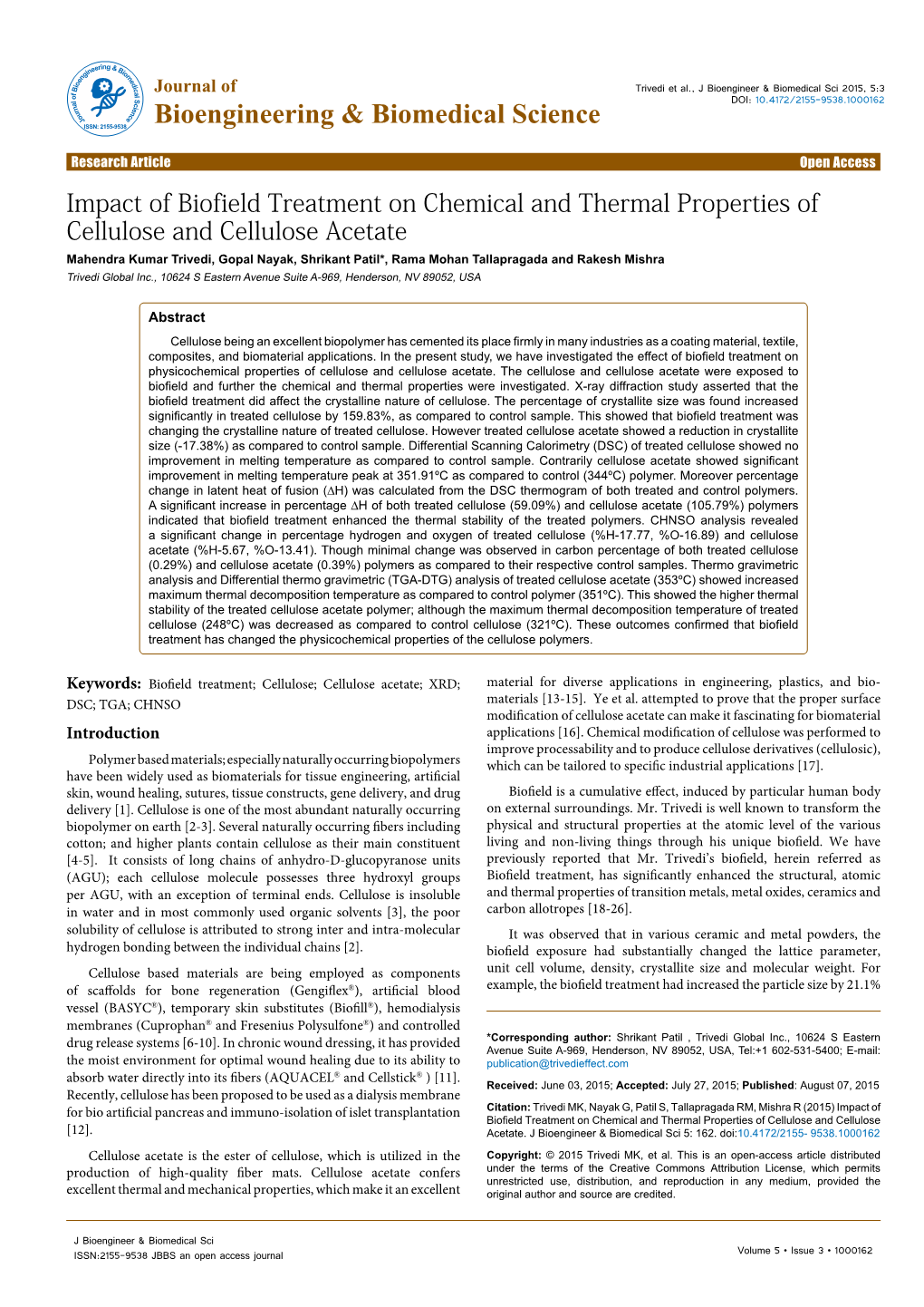 Impact of Biofield Treatment on Chemical and Thermal Properties