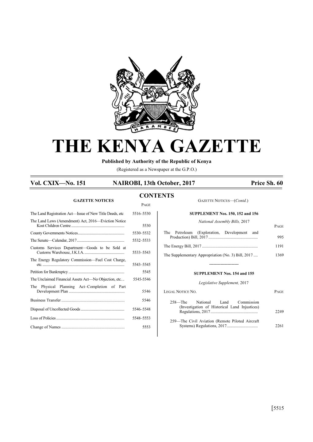 THE KENYA GAZETTE Published by Authority of the Republic of Kenya (Registered As a Newspaper at the G.P.O.)