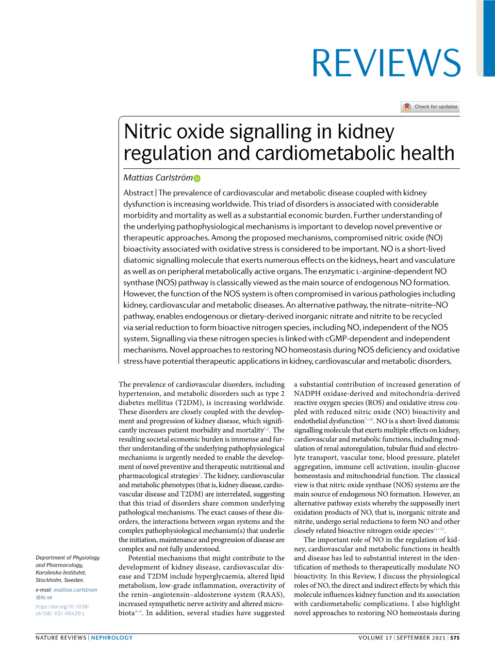 Nitric Oxide Signalling in Kidney Regulation and Cardiometabolic Health