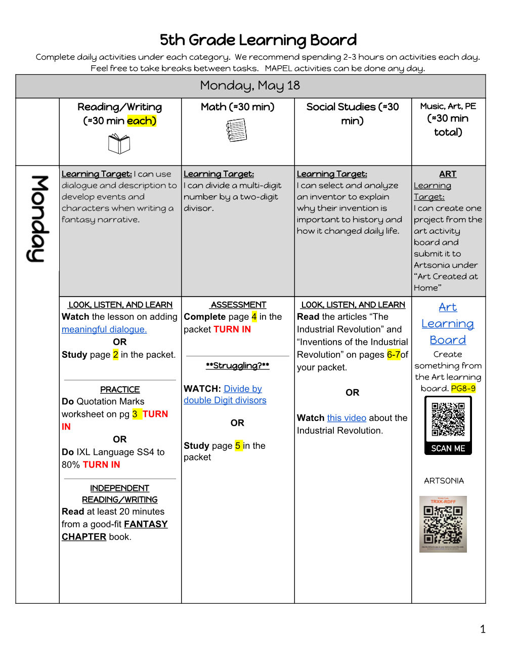 5Th Grade Learning Board