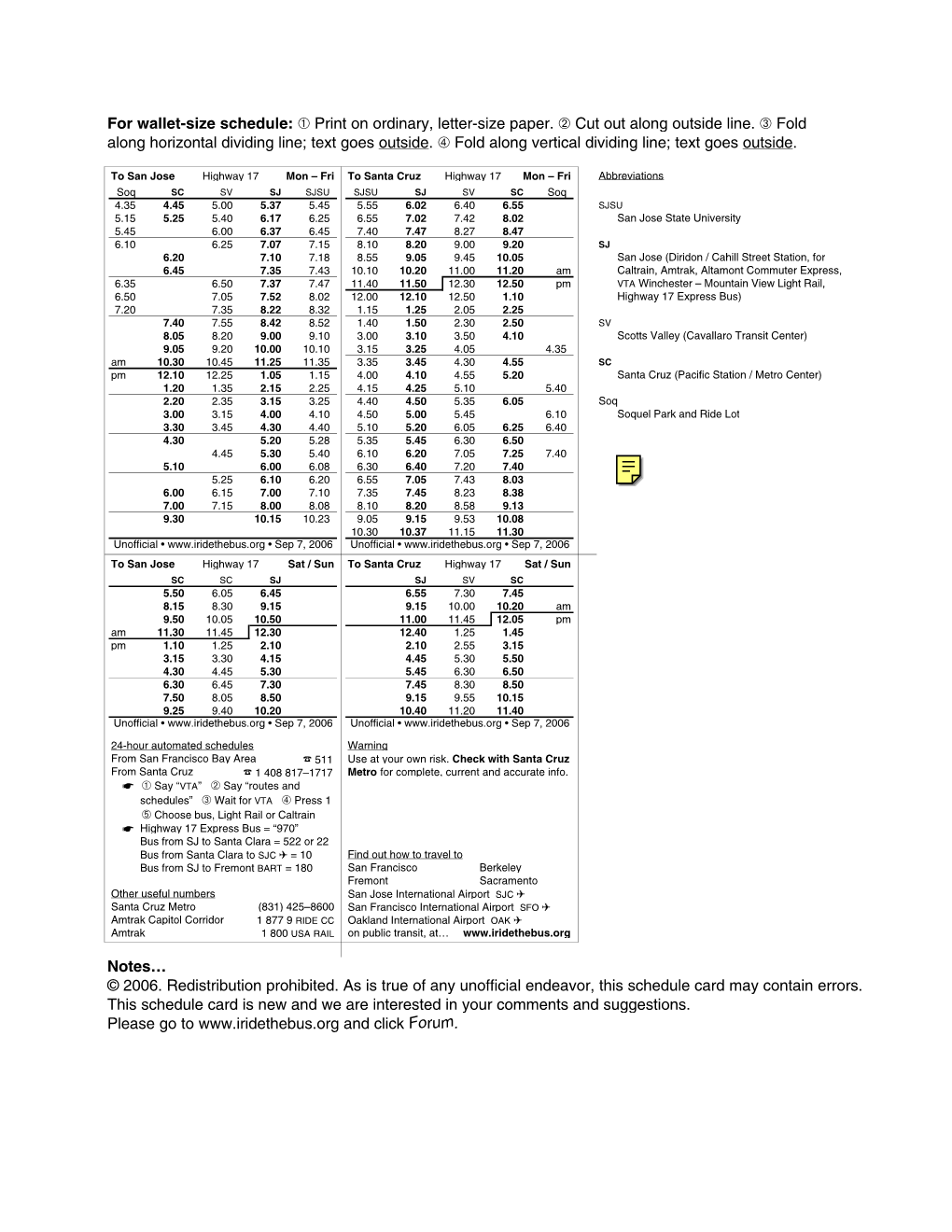 Wallet-Size Highway 17 Express Schedule