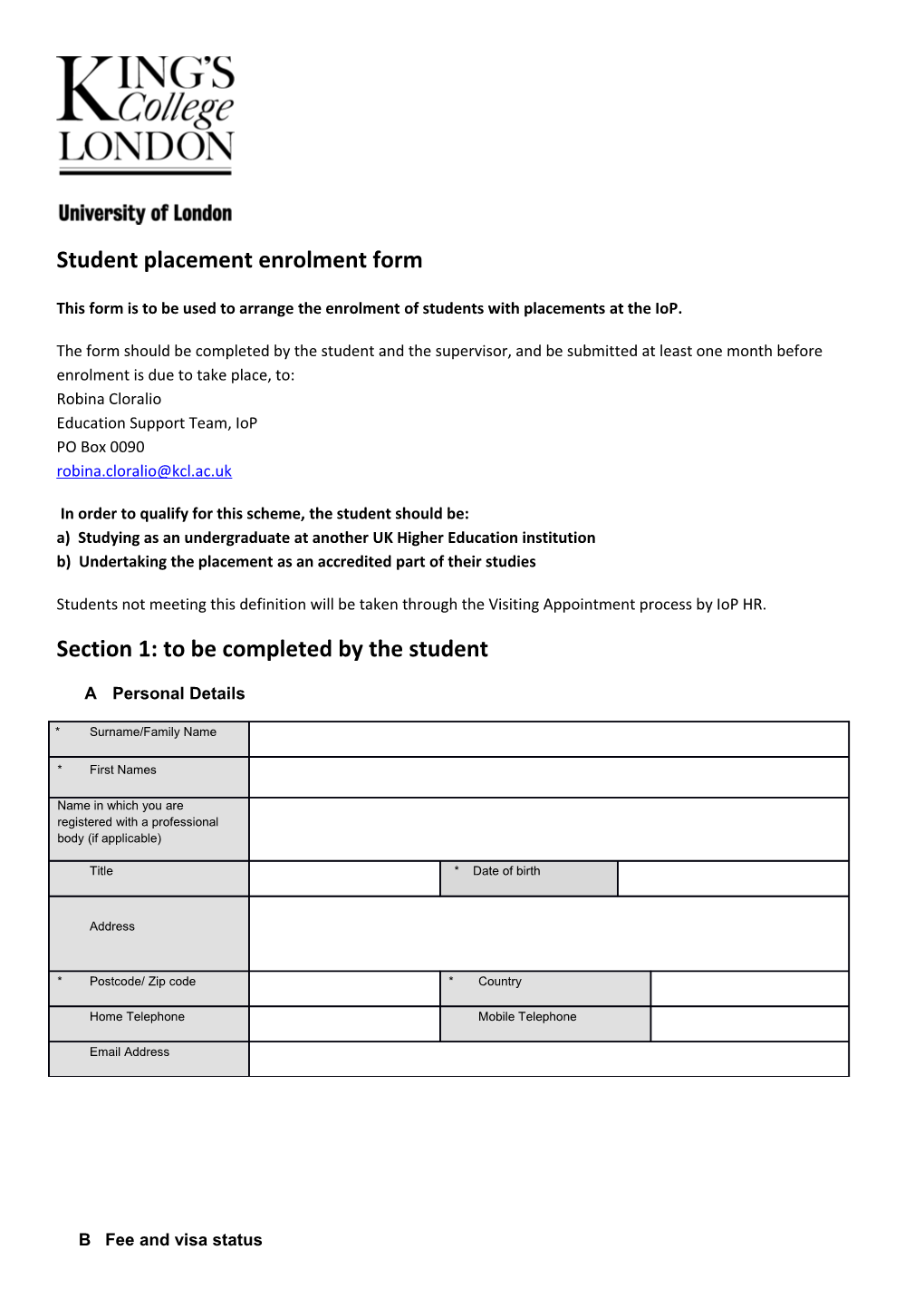 Student Placement Enrolment Form