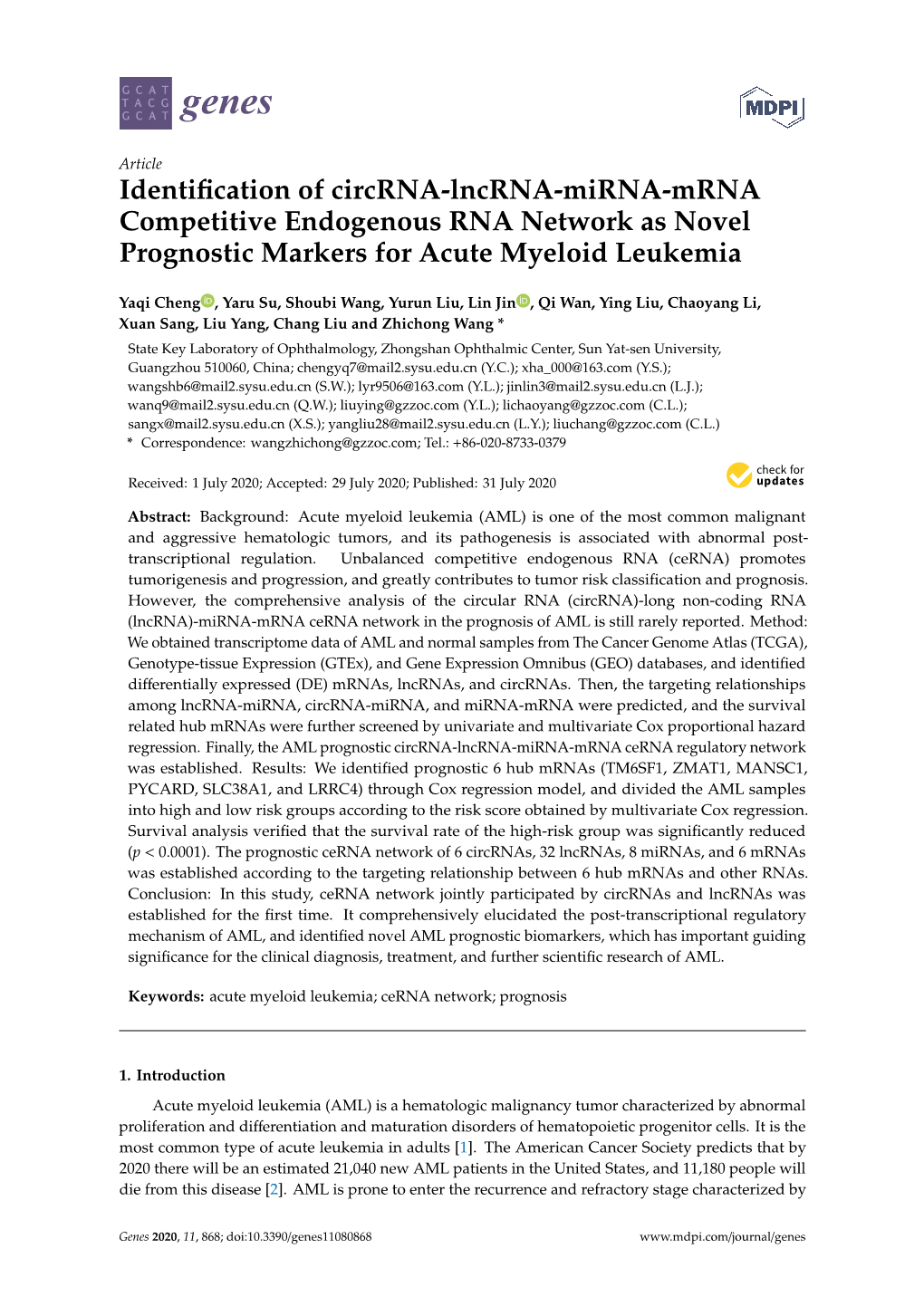 Identification of Circrna-Lncrna-Mirna-Mrna Competitive Endogenous RNA Network As Novel Prognostic Markers for Acute Myeloid Leukemia