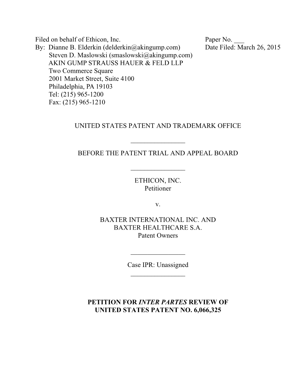 Filed on Behalf of Ethicon, Inc. Paper No