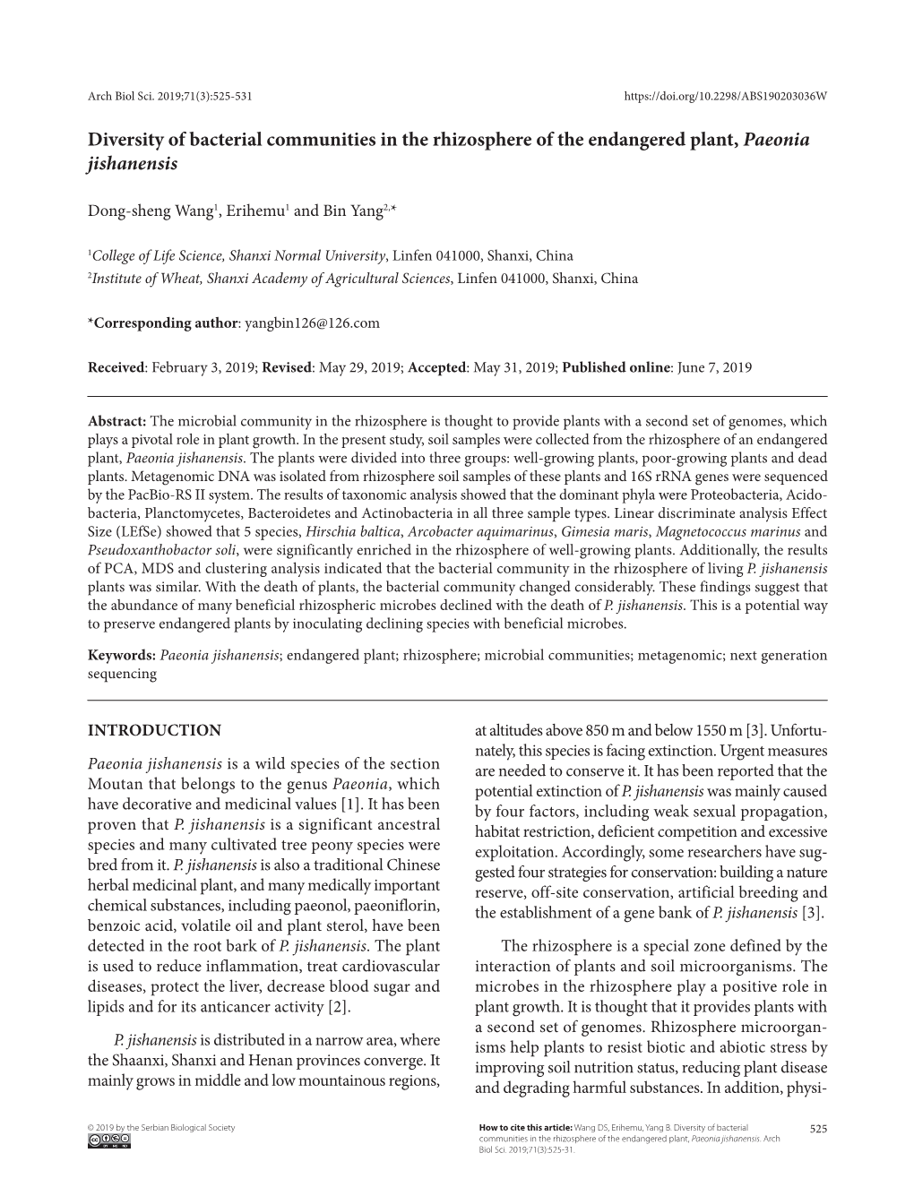 Diversity of Bacterial Communities in the Rhizosphere of the Endangered Plant, Paeonia Jishanensis