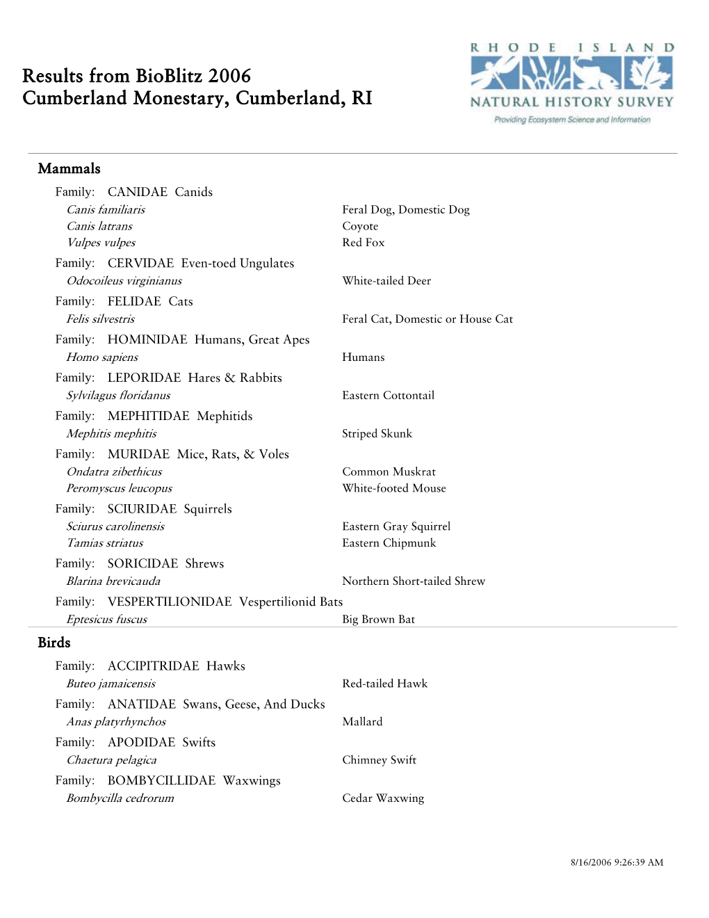 Results from Bioblitz 2006 Cumberland Monestary, Cumberland, RI