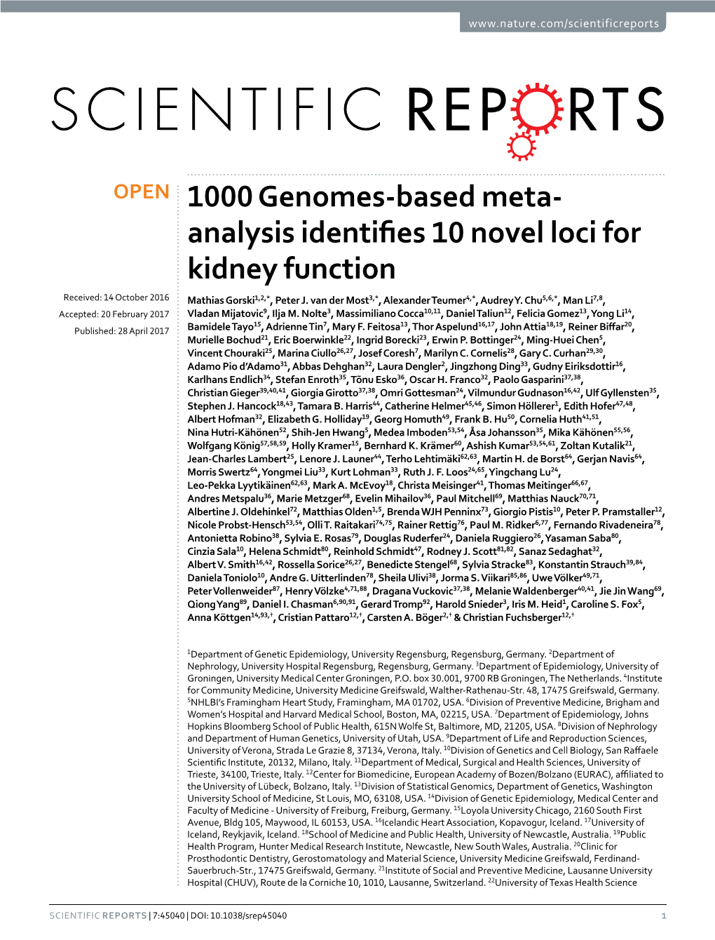 Analysis Identifies 10 Novel Loci for Kidney Function Received: 14 October 2016 Mathias Gorski1,2,*, Peter J