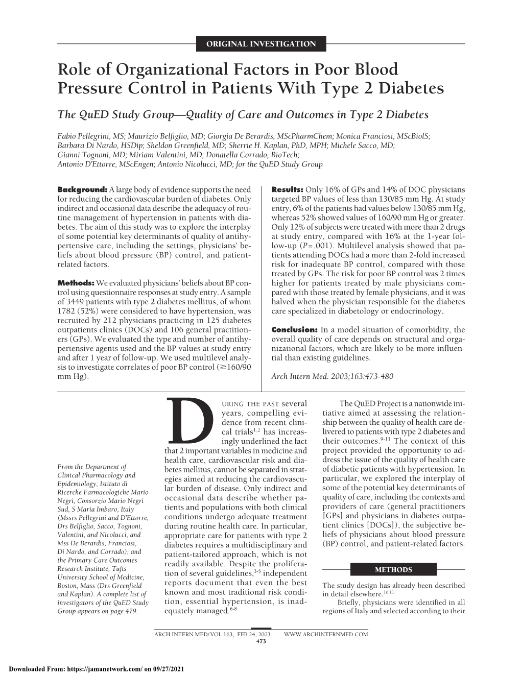 Role of Organizational Factors in Poor Blood Pressure Control in Patients with Type 2 Diabetes the Qued Study Group—Quality of Care and Outcomes in Type 2 Diabetes