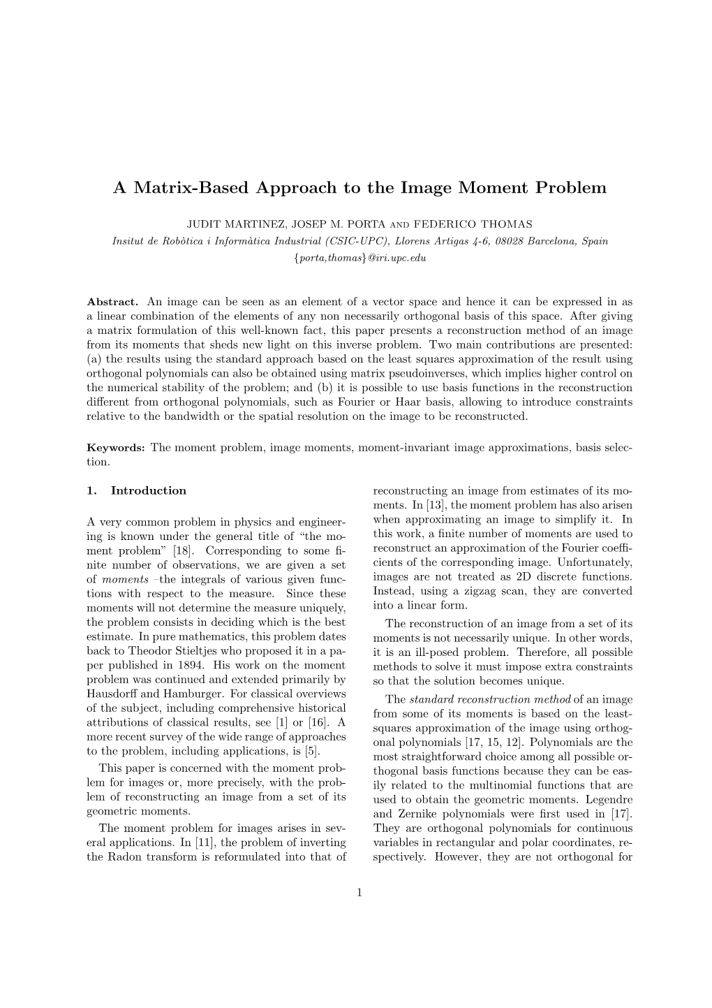 A Matrix-Based Approach to the Image Moment Problem