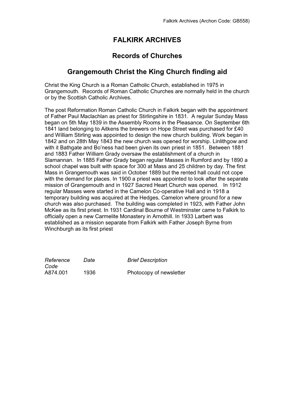 Grangemouth Christ the King Church Finding Aid