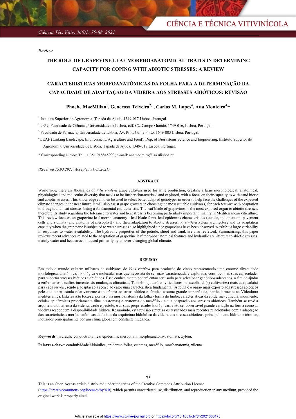 The Role of Grapevine Leaf Morphoanatomical Traits in Determining Capacity for Coping with Abiotic Stresses: a Review