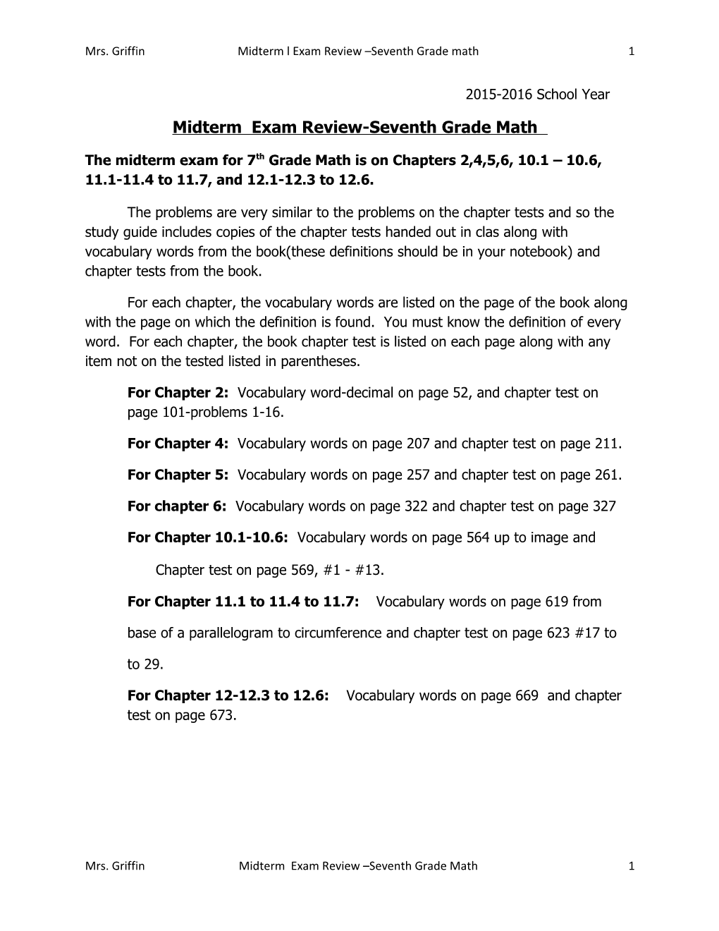 Mrs. Griffin Midterm L Exam Review Seventh Grade Math 1