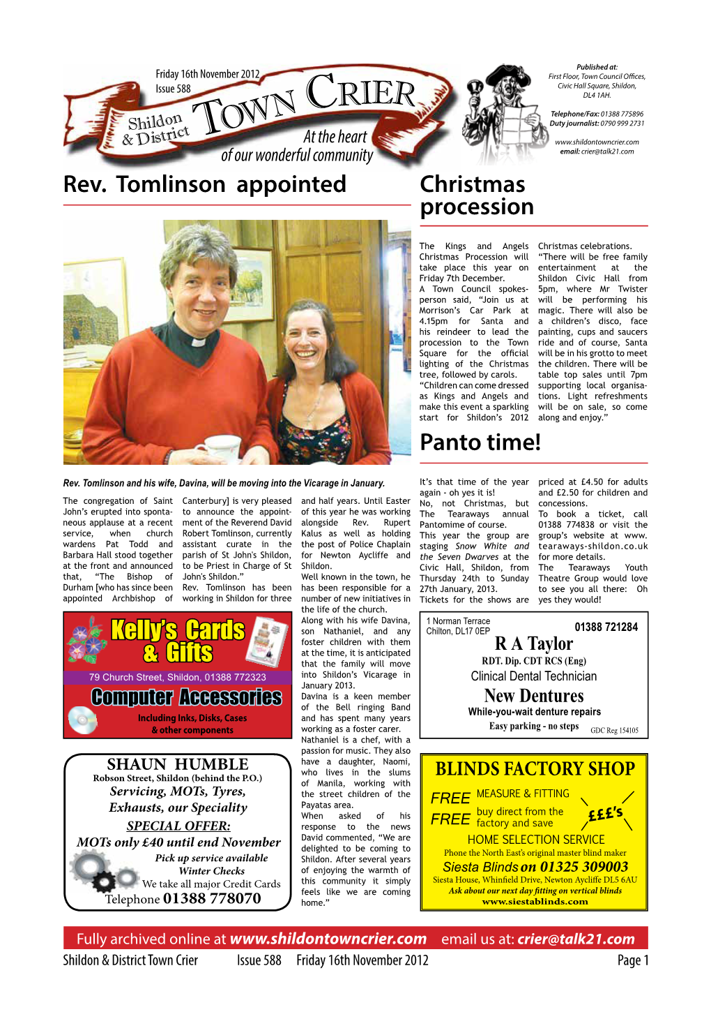 Town Crier Issue 588 Friday 16Th November 2012 Page 1 N Crier Shildon Ow Classifieds Istri C T & D T All About Local People