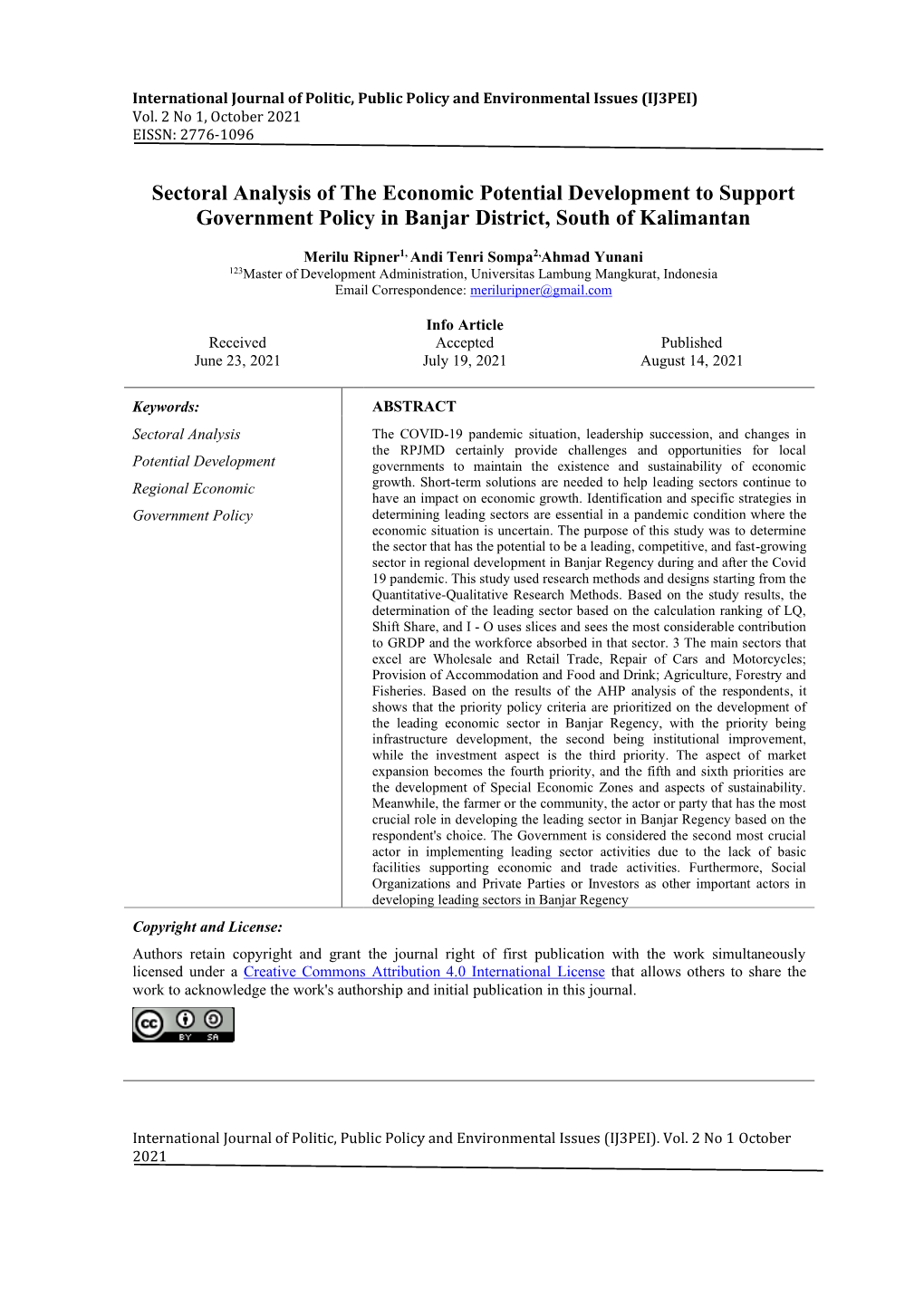 Sectoral Analysis of the Economic Potential Development to Support Government Policy in Banjar District, South of Kalimantan